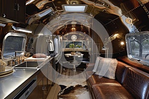 A designer steel interior inside a mobile home. The concept of a comfortable journey