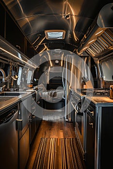 A designer steel interior inside a mobile home. The concept of a comfortable journey