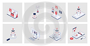 Designer studio concept of isometric icons in 3d isometry design for web.