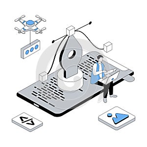 Designer studio 3d isometric concept with isometry people design for web. Visual artist drawing digital content, coding and