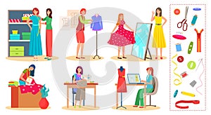 Designer tailor people work vector illustration set, cartoon flat clothier fashioner character working, sewing fashion photo
