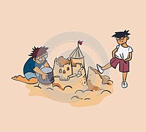 Designer and tester concept vector illustration sand castle crush, envy, criticism concept