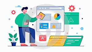 A designer uses AB testing data to optimize the layout and design of a landing page.. Vector illustration.