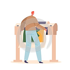 Designer Using Widescreen Offset Printing Machine, Man Print Banner on Multifunction Laser Printer. Creative Process