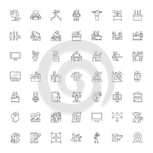 Designer work linear icons, signs, symbols vector line illustration set