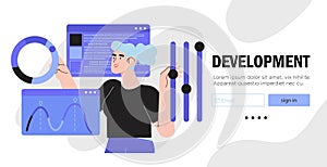 Designer work on ui ux design or mobile application. Studio or agency prototyping or coding web page or mobile app