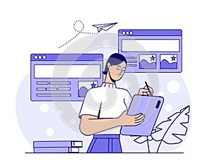 Designer working on digital tablet interface. Vector illustration