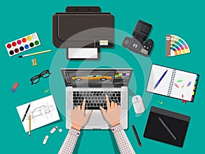 Designer workplace. Illustrator desktop with tools