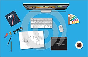 Designer workplace. Illustrator desktop with tools