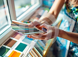 Designer works with pantone scale in art studio.