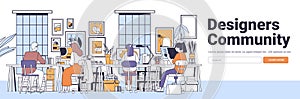 Designers community collaborative workspace minimalistic line art illustration featuring people working at desks large photo