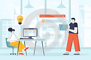Designers concept in flat design. Employees working at office scene. Man and woman creating new product, development interface or