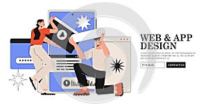 Designers working on ui ux design or mobile application. Studio or agency prototyping or coding web page or mobile app