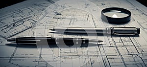 Designing blueprints, pens and magnifing glass