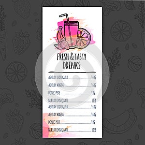 Designt template drink menu. Layout flyer of juice and coctail. Watercolor decor. Vector