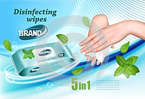 Desinfecting wet wipes ad template, female hands using wet wipe to desinfecting cleance.