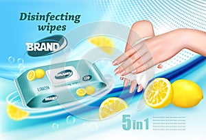 Desinfecting wet wipes with scent of limon ad template, female hands using wet wipe to desinfecting