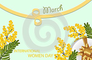 Desing for March 8 International Women`s Day with Mimosa and gift box with gold bow, figure eight of the ribbon. Light background