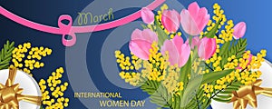 Desing for March 8 International Women`s Day with Tulip and Mimosa bouquet, gift boxes with gold bow, figure eight of the ribbon.