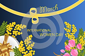 Desing for March 8 International Women`s Day with Tulip and Mimosa, gift box with gold bow, figure eight of the ribbon. Backgroun