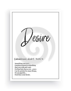 Desire definition, vector. Minimalist modern poster design