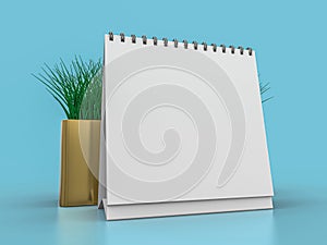 Desk blank calendar mockup on blue background. 3D illustration