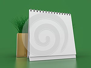 Desk blank calendar mockup on green background. 3D illustration