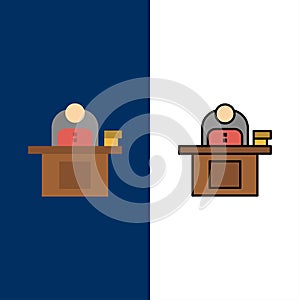 Desk, Business, Computer, Laptop, Person, Personal, User  Icons. Flat and Line Filled Icon Set Vector Blue Background