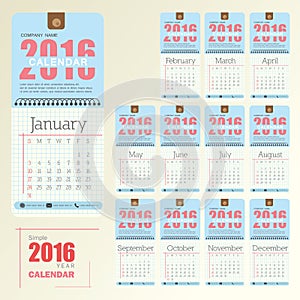 Desk Calendar 2016 Vector Design Template. Big set of 12 Months.