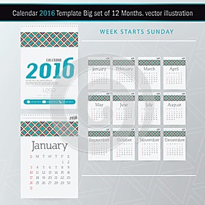 Desk Calendar 2016 Vector Design Template. Big set of 12 Months.