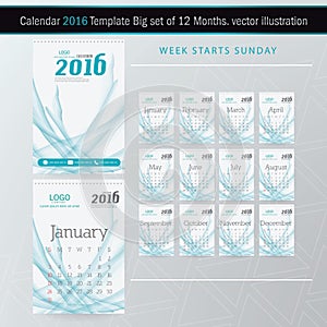 Desk Calendar 2016 Vector Design Template. Big set of 12 Months.