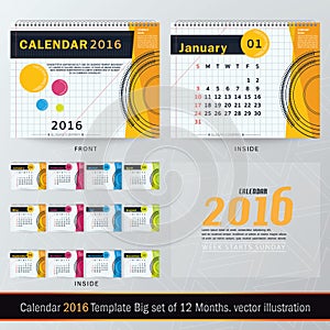Desk Calendar 2016 Vector Design Template. Big set of 12 Months.