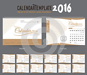 Desk Calendar 2016 Vector Design Template. Big set of 12 Months. Week Starts Sunday