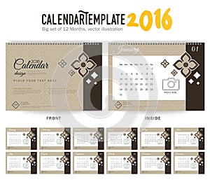 Desk Calendar 2016 Vector Design Template. Big set of 12 Months. Week Starts Sunday