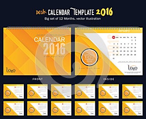 Desk Calendar 2016 Vector Design Template. Big set of 12 Months. Week Starts Sunday