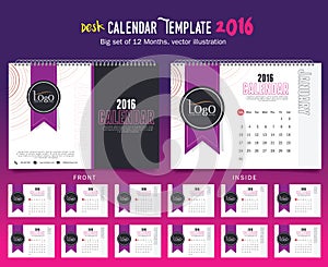 Desk Calendar 2016 Vector Design Template. Big set of 12 Months. Week Starts Sunday