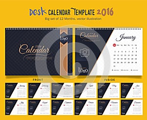 Desk Calendar 2016 Vector Design Template. Big set of 12 Months. Week Starts Sunday
