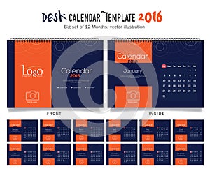 Desk Calendar 2016 Vector Design Template. Big set of 12 Months. Week Starts Sunday