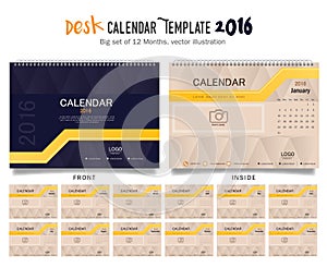 Desk Calendar 2016 Vector Design Template. Big set of 12 Months. Week Starts Sunday