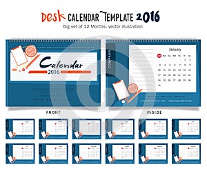 Desk Calendar 2016 Vector Design Template. Big set of 12 Months. Week Starts Sunday