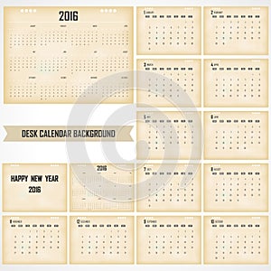 Desk Calendar 2016 Vector Design Template. Set of 12 Months. Wee