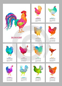 Desk Calendar for 2017 Year. Set of 12 colorful months pages and cover. Abstract low poly rooster and chickens.
