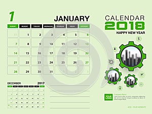 Desk calendar 2018 template. JANUARY 2018 month. Planner.