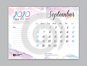 Desk Calendar for 2020 year, September 2020 template, week start on sunday, planner design, stationery, business printing, waterco