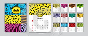 Desk calendar 2022 template set, Calendar design memphis style, wall calendar 2022 design, Poster, Memphis cover design