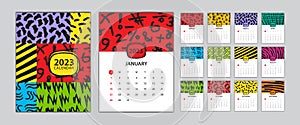 Desk calendar 2023 template set, Calendar design memphis style, wall calendar 2023 design, Poster, Memphis cover design