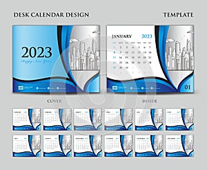 Desk calendar 2023 template set, Cover design, Blue wave background, wall calendar 2023 design, planner, calendar date, simple