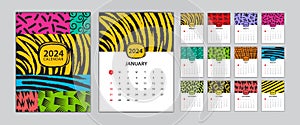 Desk calendar 2024 template set, Calendar design memphis style, wall calendar 2024 design, Poster, Memphis cover design