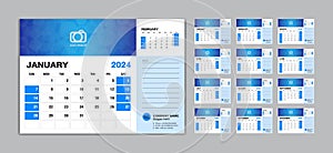 Desk Calendar 2024 template set vector, Week starts Sunday, set of 12 month, creative calendar 2024 year, wall calendar 2024,