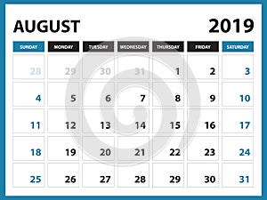 Desk calendar for AUGUST 2019 template, Printable calendar, Planner design template, Week starts on Sunday, Stationery design